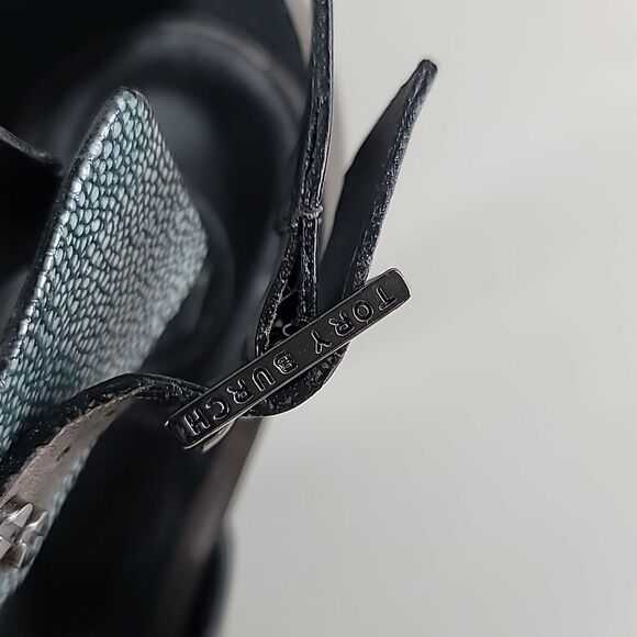 Tory Burch Teagan Stingray Brown Blue Leather Caged T Strap Sandal. - Picture 10 of 11